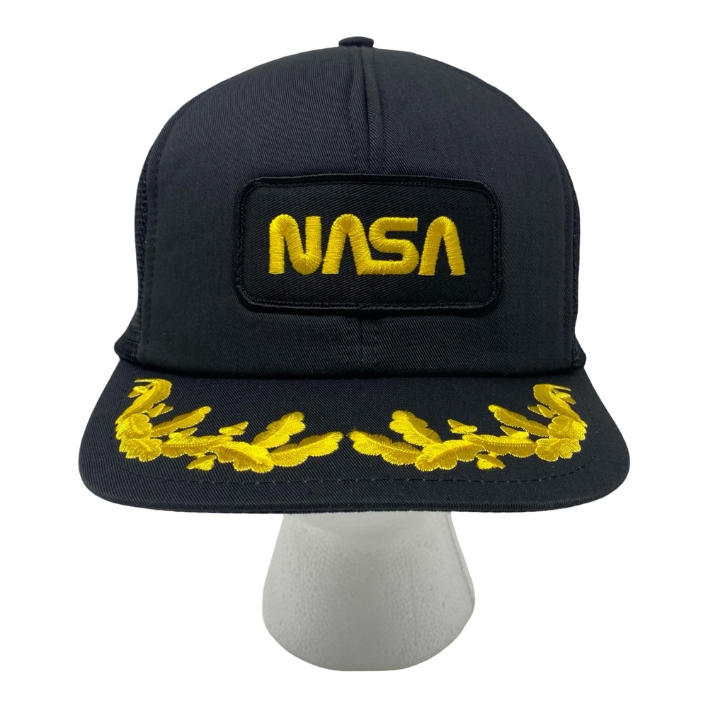 NASA Trucker Hat Mens Black Snapback Mesh Cap Scrambled Eggs Gold Embroidery - Picture 1 of 8